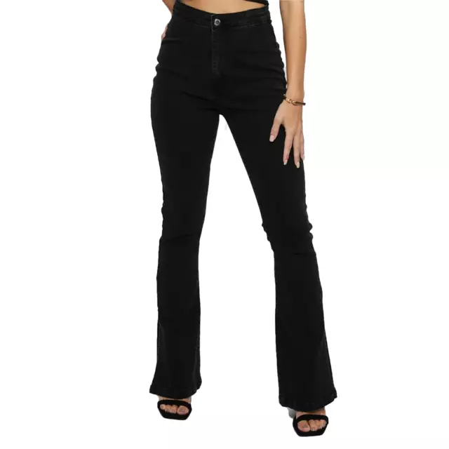 Womens Denim Jeans High Waisted Black Split Flare Ladies Trousers UK Sizes