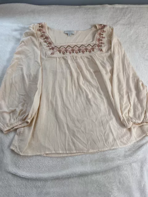 Lucky Brand Embroidered Peasant Top Size Medium Square Neck 3/4 Sleeves Boho