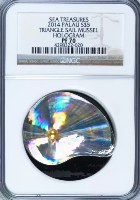 2014 Palau Sea Treasures Silver $5 - Mussel Shell, PF70 NGC - Hologram, Pearl