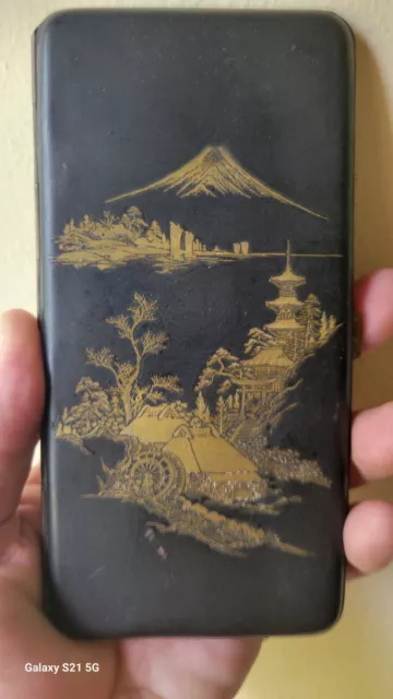 Antique Vintage Japanese Cigarette Case Card Case Damascene Mount Fuji Scene