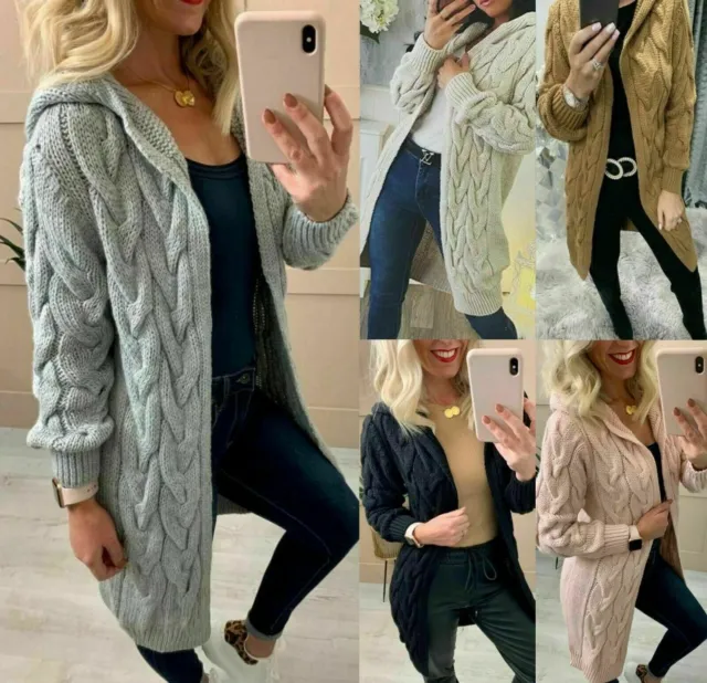 Ladies Womens Chunky Cable Knitted Oversized Longline Hooded Cape  Cardigan Top