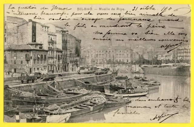 cpa Espagne Spain BILBAO Escrito en 1906 MUELLE de RIPA Puerto barcos trenes de