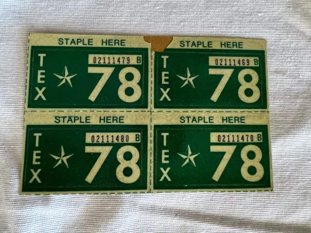 VINTAGE 1978 TEXAS Automobile Vehicle Registration Stickers - unused