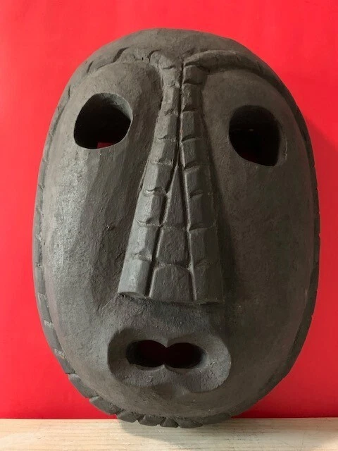 Vint. Tribal Mask Hand Carved Oval Solid Black Unknown Maker?? 14" X 10" X 4"