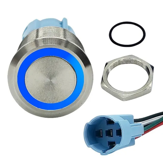 16mm ON/OFF Push Button Switch Latching LED Ring Blue Round Switch with Harness