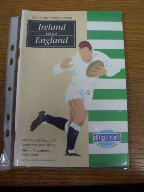 02/03/1991 Rugby Union Programme: Ireland v England [At Lansdowne Road]. FREE PO