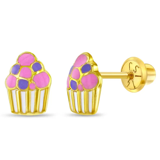 14k or Jaune Coloré Cupcake Vis Arrière Boucles D'Oreilles pour Enfants & Jeune