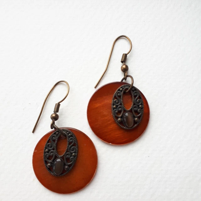 ORECCHINI BOHO Marroni GUSCIO & Disco Metallo Tono Bronzo Pendente Gancio a Goccia