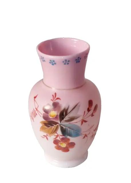 Decorative Victorian Pink Opaline Glass Vase  Autumnal Foliage Hand Painted 15cm