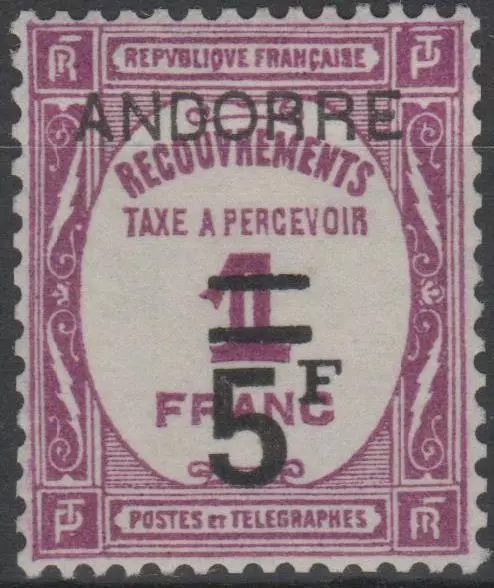 ANDORRE FRANCAIS STAMP TIMBRE TAXE N° 15 " 5F SUR 1F LILAS " NEUF xx SUP  K638