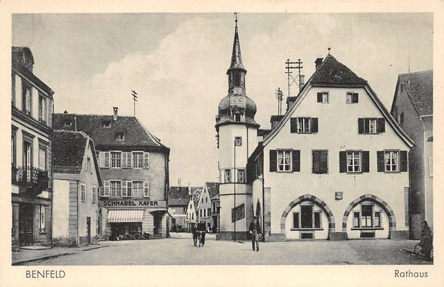 Rarität alte Foto AK Benfeld mit Rathaus und Geschäftshaus Schnabel Xaver