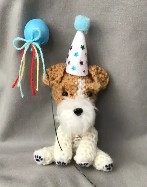 Wire Fox Terrier Amigurumi Sitting Crochet Party Dog With Hat And Blue Balloon