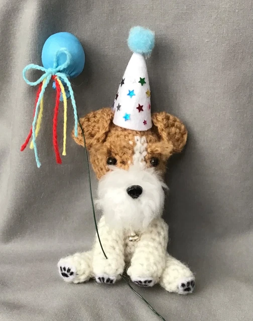 Wire Fox Terrier Amigurumi Sitting Crochet Party Dog With Hat And Blue Balloon Wire Fox Terrier Amigurumi Sitting Crochet Party Dog With Hat And Blue Balloon