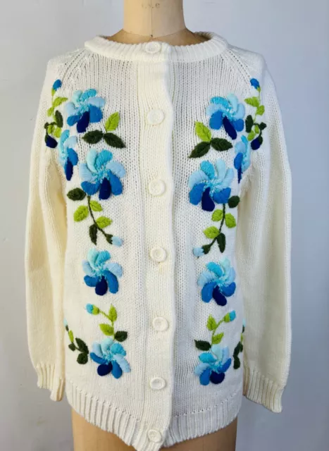 VINTAGE 50S-60'S SEARS White&Blue Stitched Floral Cardigan Sweater*S/M ...