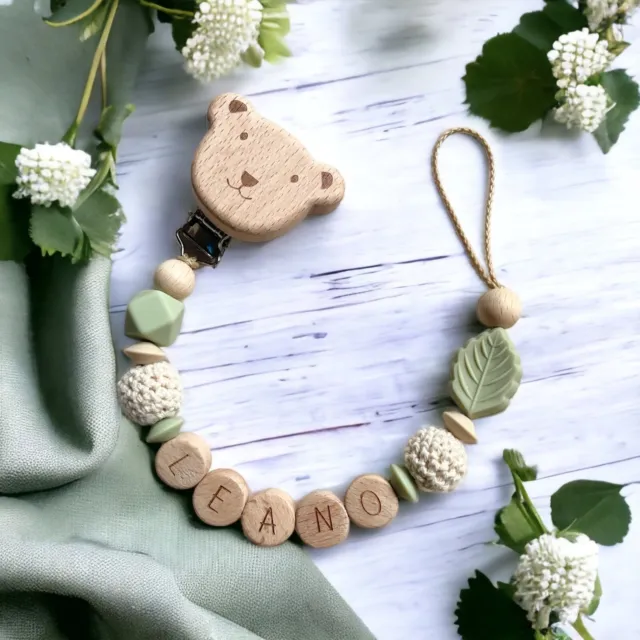 Schnullerkette mit Namen Junge Holz Silikon Baby Geschenk Taufe Bär
