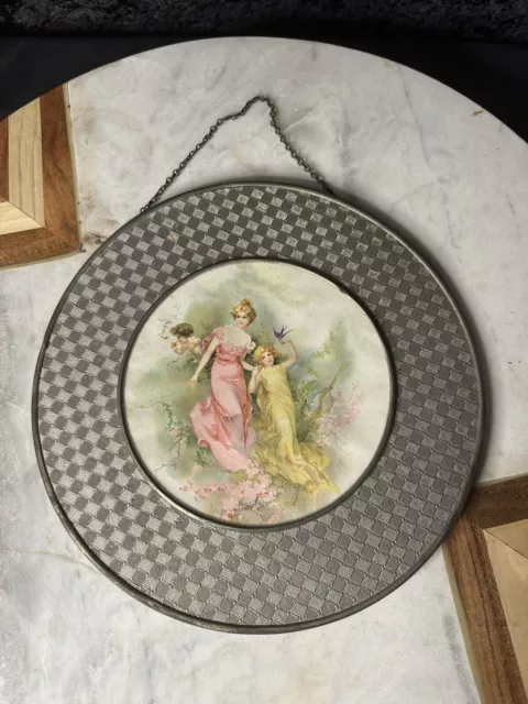 Antique Chimney Flue Cover with a beautiful Art of a Victorian lady & Child/Bird