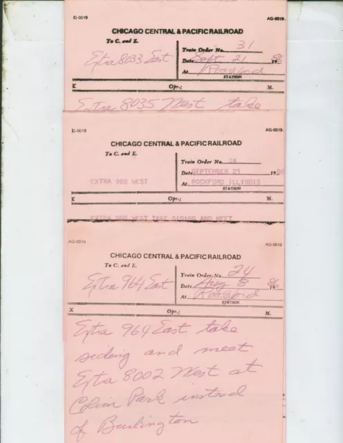 Chicago Central & Pacific Train Orders (18) Rockford, Illinois  All 1986.