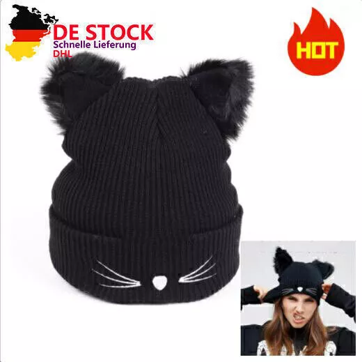 Women's Winter Hat Knitted Hat Cap Hat Knitted Cat Ears Beanie Faux Fur B7V0