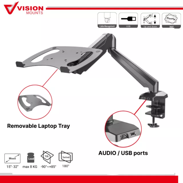 Stand Bracket Monitor Mount Arm + Laptop Tray Holder Adapter LCD Screen Desktop