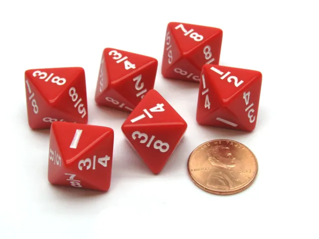 Pack of 6 Math Dice 8-Sided Fraction: 1/8 to 1 - Red with White