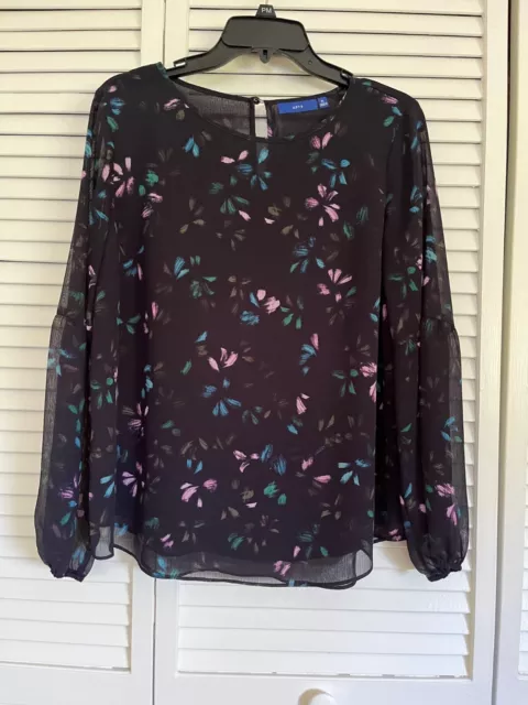 Women's Apt 9 Black Purple/Teal Print Long Sleeve Blouse Size PL