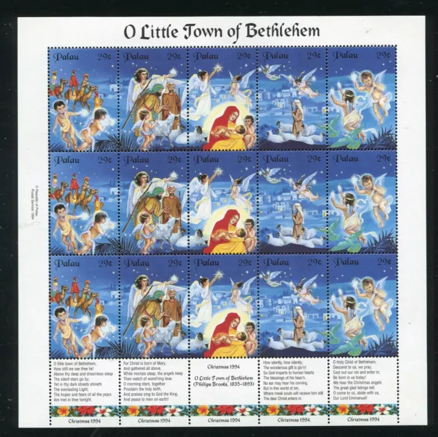 Palau 345 Christmas, O Little Town of Bethlehem Sheet of 15 Stamps MNH 1994