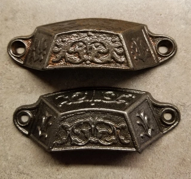 2 Matching Ornate Antique c1880 Victorian Cast Iron Cabinet Drawer Pulls Handles
