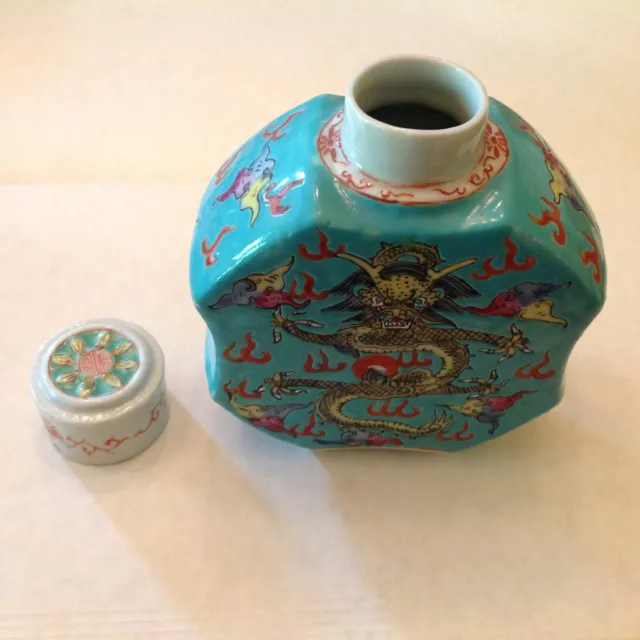 ~Antique Qing Imperial Dragon Turquoise Ground Chinese Porcelain Tea Caddy