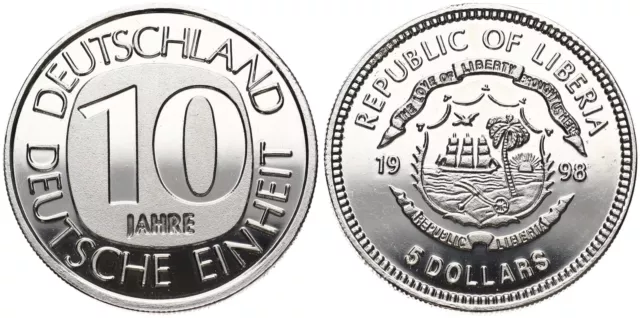 Liberia - Five 5 Dollars 1998- 10 Jahre deutsche Einheit - UC# 1005
