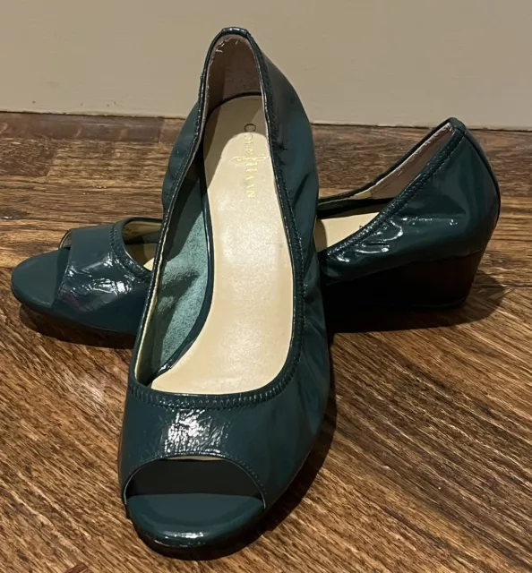 Cole Haan Air Tali Teal Patent Leather Peep Toe Wedge Shoes 8.5