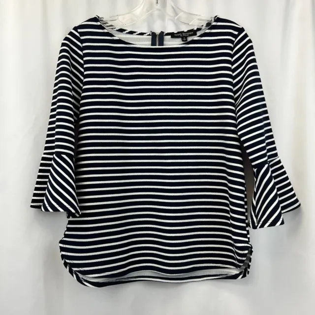 Green Envelope Womens Navy White Striped 3/4 Sleeve Round Neck Blouse Top Size L
