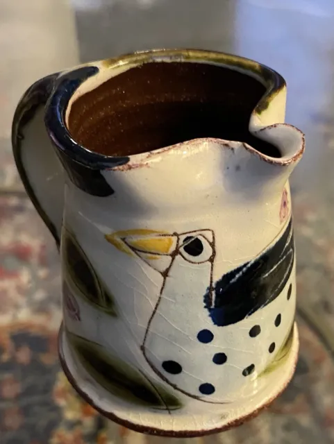 Small Vintage Hand Thrown, Hand Painted, Rustic Bird & Floral Design Pottery Jug