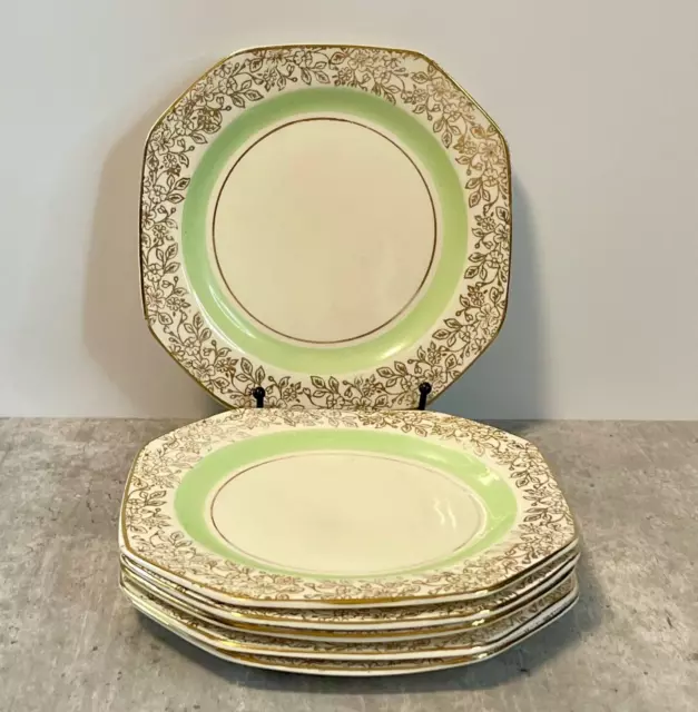 6 Vintage Side Plates ALFRED MEAKIN 8 Sided Green Stripe Gold Art Deco 1930s 6"