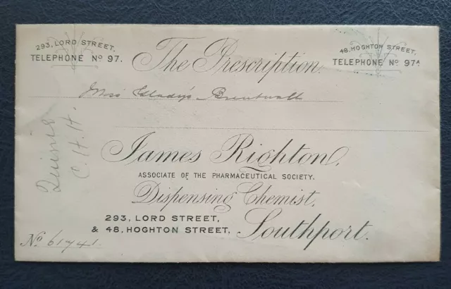 Antique Prescription Envelope James Righton Chemist 293 Lord Street Southport UK
