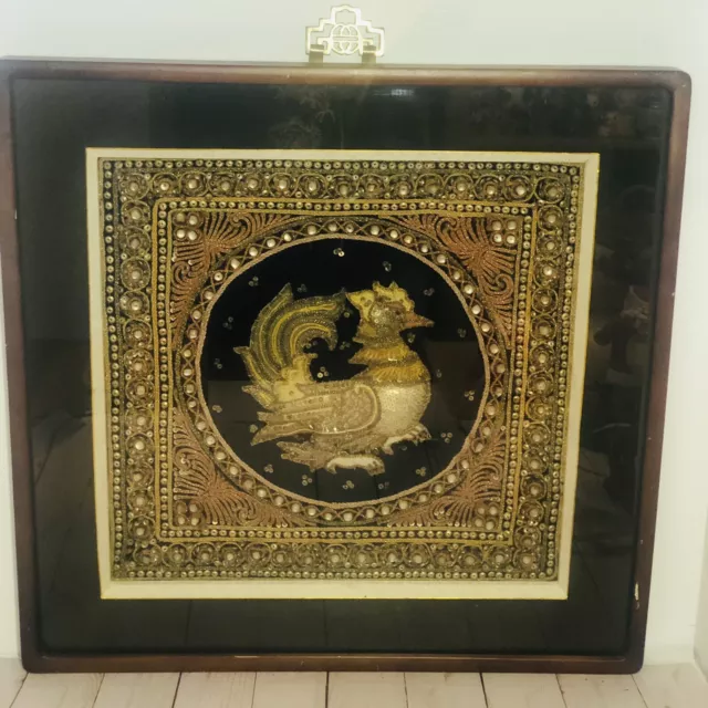 Hand-Made Vintage Thai Burmese Kalaga Tapestry Glass Beaded Asian Bird