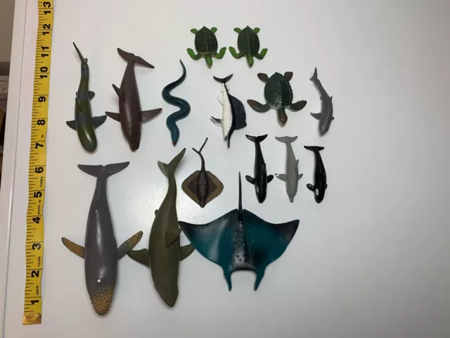 Ocean Toy Lot Shark Whale Dolphin Manta Ray Turtle Nature 15pc Lightly Used