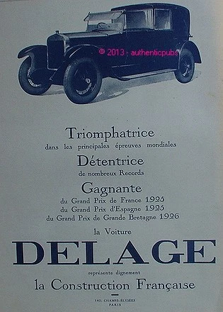 Publicite Voiture Delage Triomphatrice Detentrice Gagnante De 1927 French Ad Car