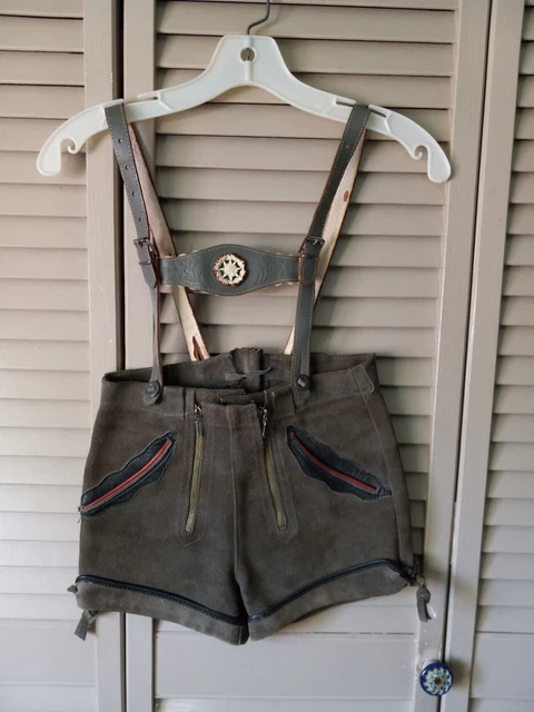 Authentic German Lederhosen Trachten deer antler button 22  waist Suede Leather