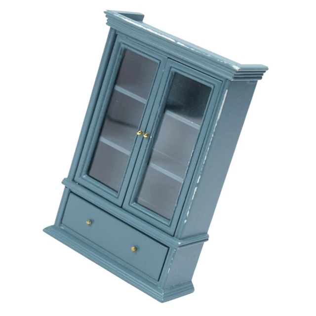 Estuche de vidrio modelo miniaturas mini muebles gatos juguetes niños madera azul