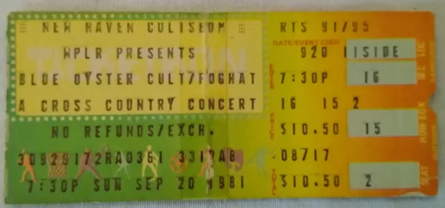 Vintage "Blue Oyster Cult/Foghat" Ticket Stub 9/20/1981 New Haven Coliseum.