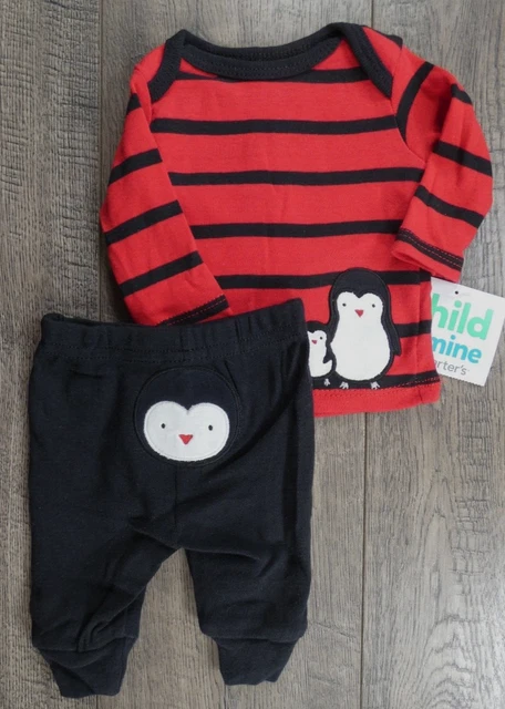 Baby Boy Clothes New Child Mine Carter's 2pc Red Black Penguin Preemie Outfit