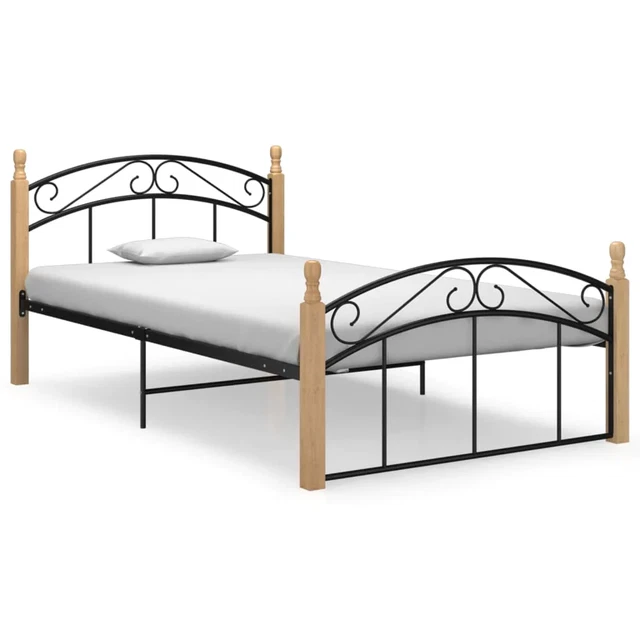 BED FRAME BLACK Metal and Solid Oak Wood 120x200 cm £137.31 PicClick UK