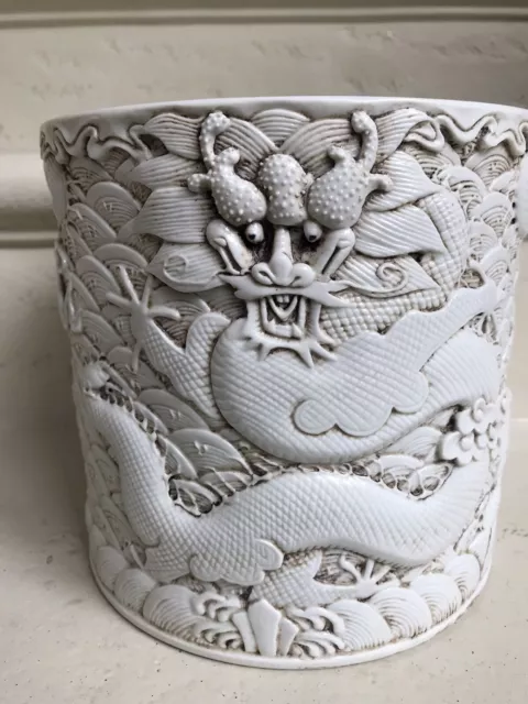 large antique Chinese porcelain brush pot carve Chinese dragons