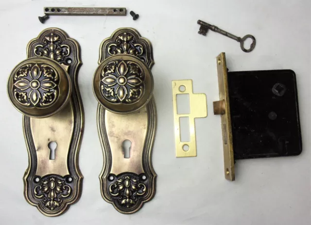 Antique Entrance Door Set Victorian / Eastlake Backplate Knob Mortise Lock Key
