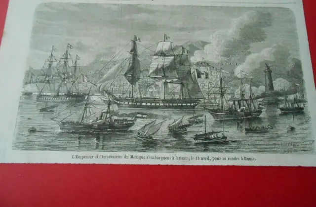 Gravure 1864 - Empereur et Impératrice du Mexique s'embarquent à Trieste
