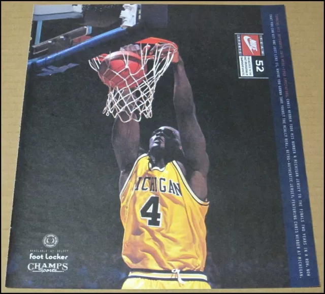 1994 Chris Webber Nike Michigan Wolverines Jersey Print Ad Advertisement 10"x12"