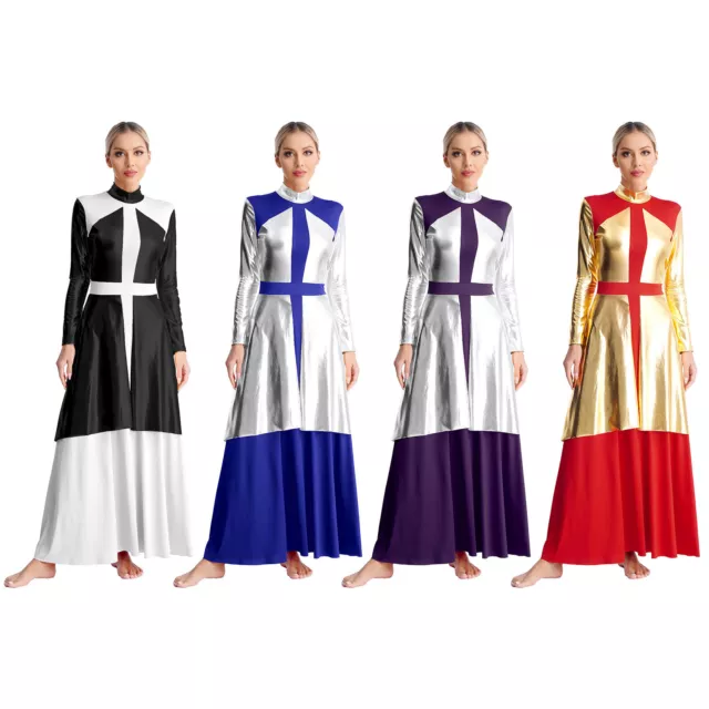 Womens Dress Contrast Color Costume Long Sleeve Gown Liturgical Dresses Choir