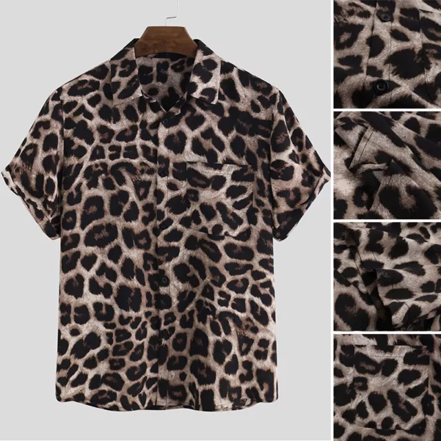 US STOCK Mens Short Sleeve Leopard Printed Shirt Holiday Aloha Party Shirts Tops