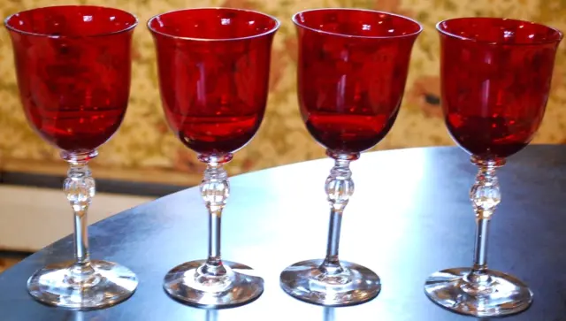 Vtg Set 4 Morgantown BRILLIANT RUBY Glass Water Goblets c1927 Art Deco Red Clear