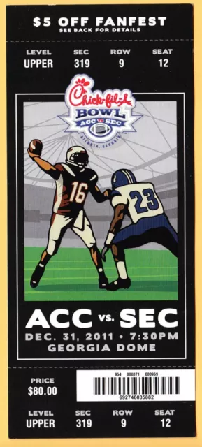 2011 Chick-fil-A Bowl Ticket AUBURN TIGERS vs VIRGINIA CAVALIERS CAVS peach